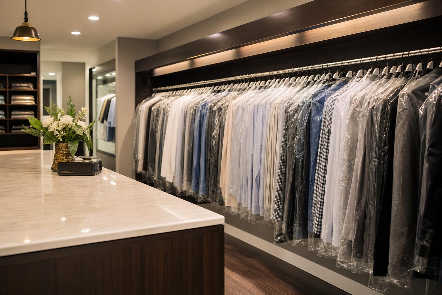 Rack of freshly pressed dress shirts and suits in protective covers inside a clean dry cleaning shop