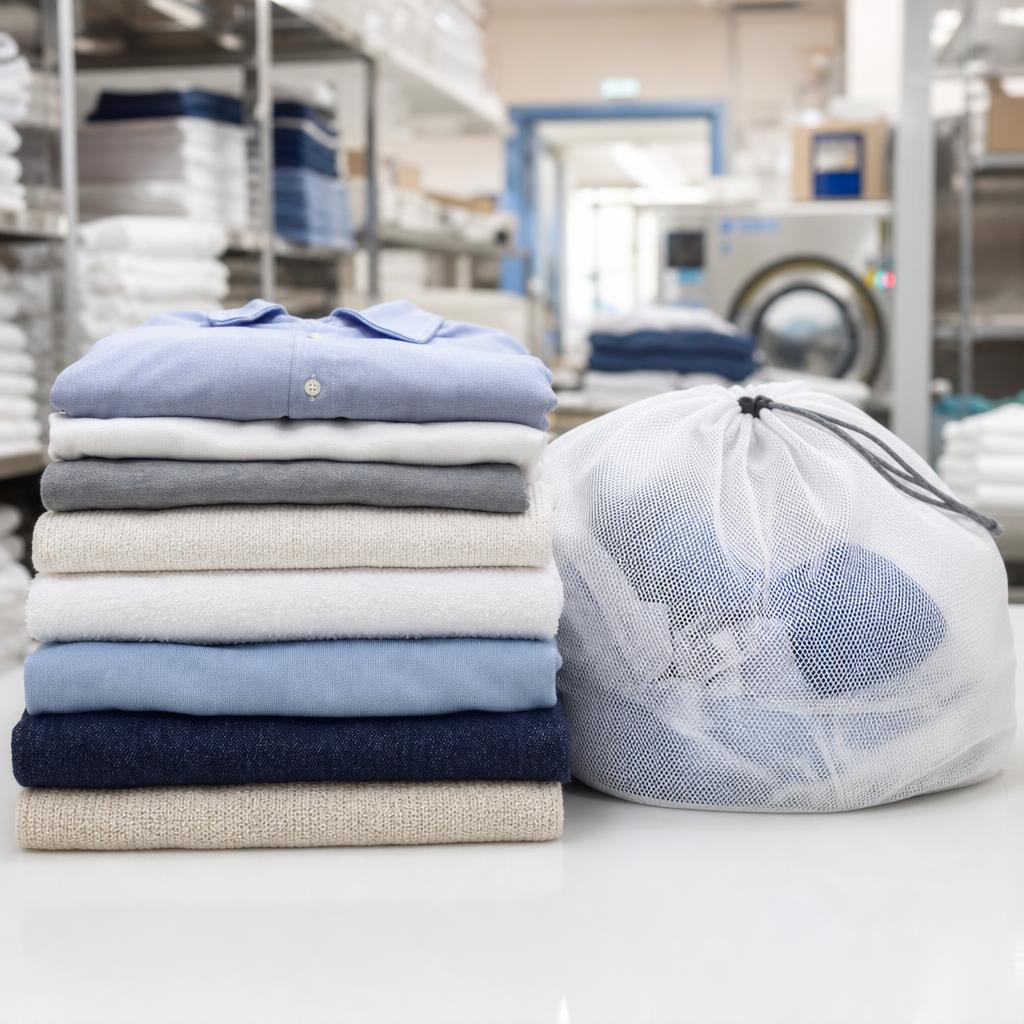 Neatly folded clean laundry beside a mesh laundry bag