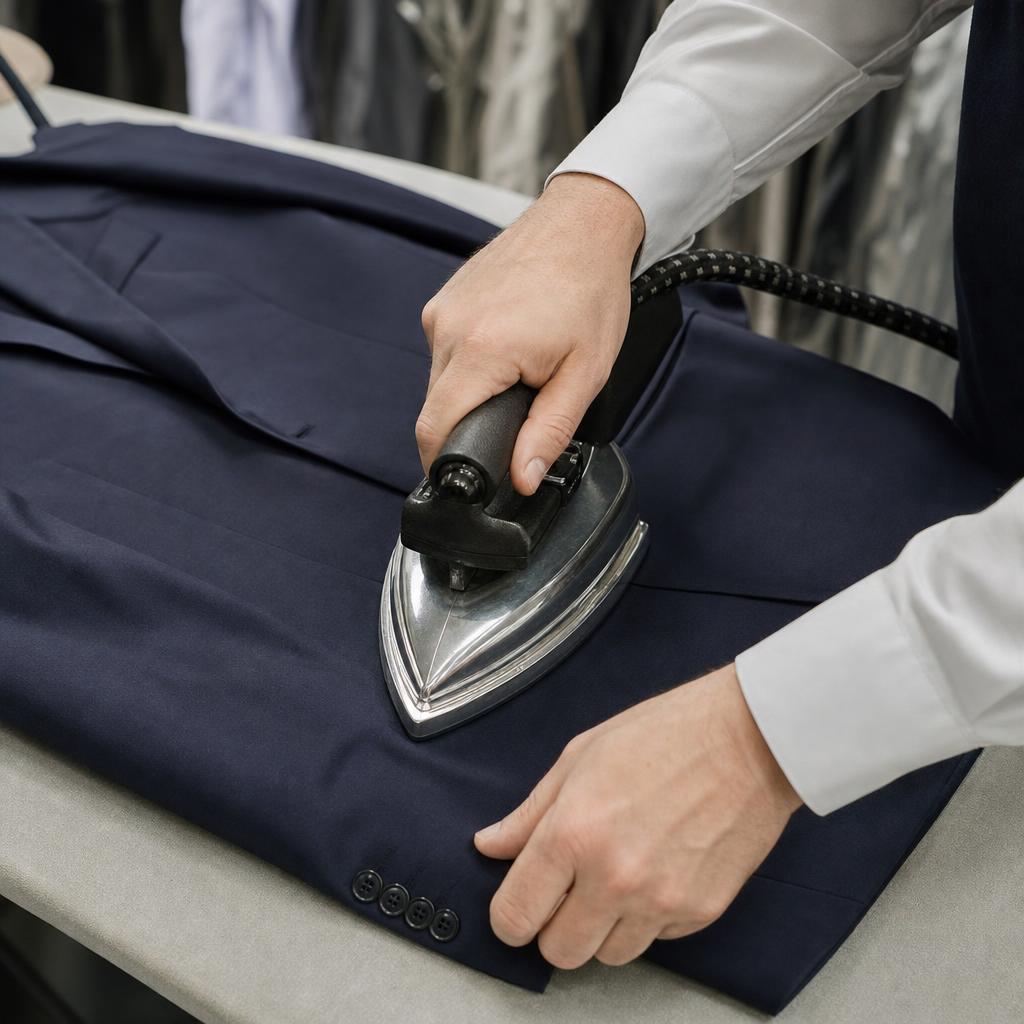Suit jacket being professionally pressed with a steam iron