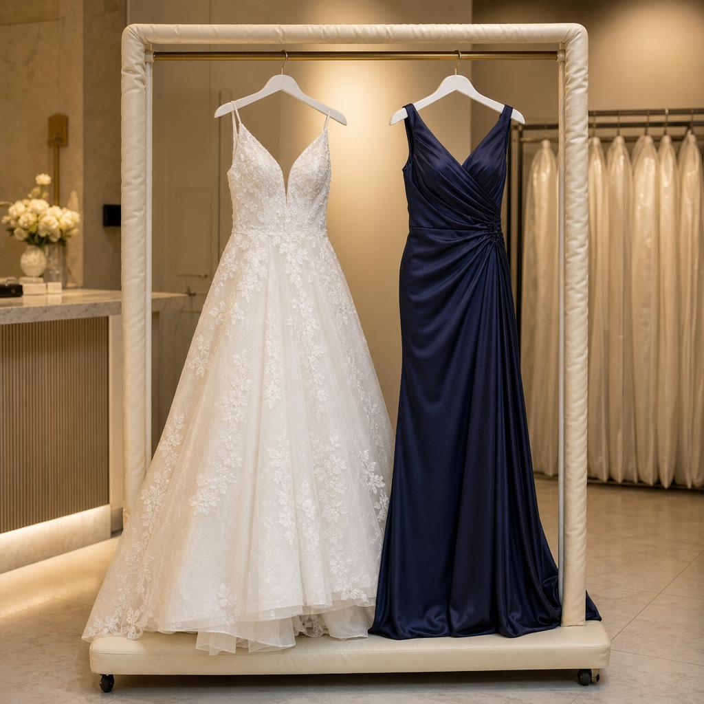 White wedding dress and formal gown on a garment rack